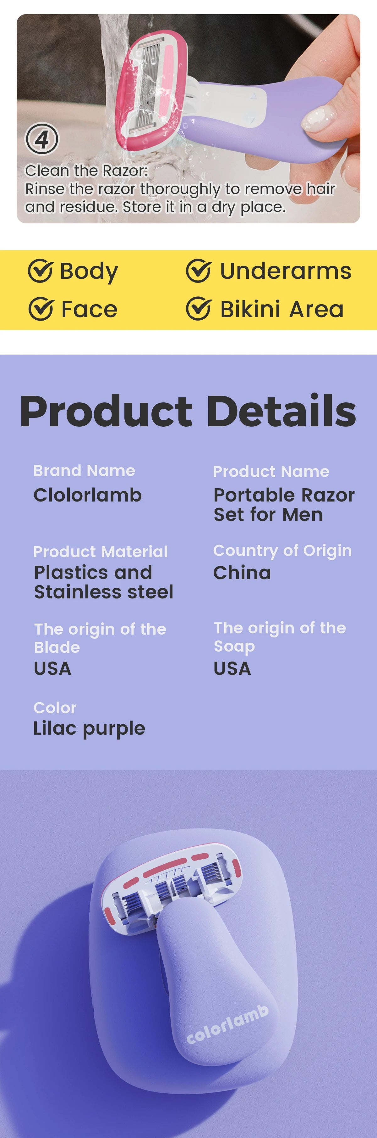Colorlamb Portable Women Razor for Shaving Bikini Leg Hair Private Body Manual Shaver Use 5 Layer Skin Care Soap Blades Refill