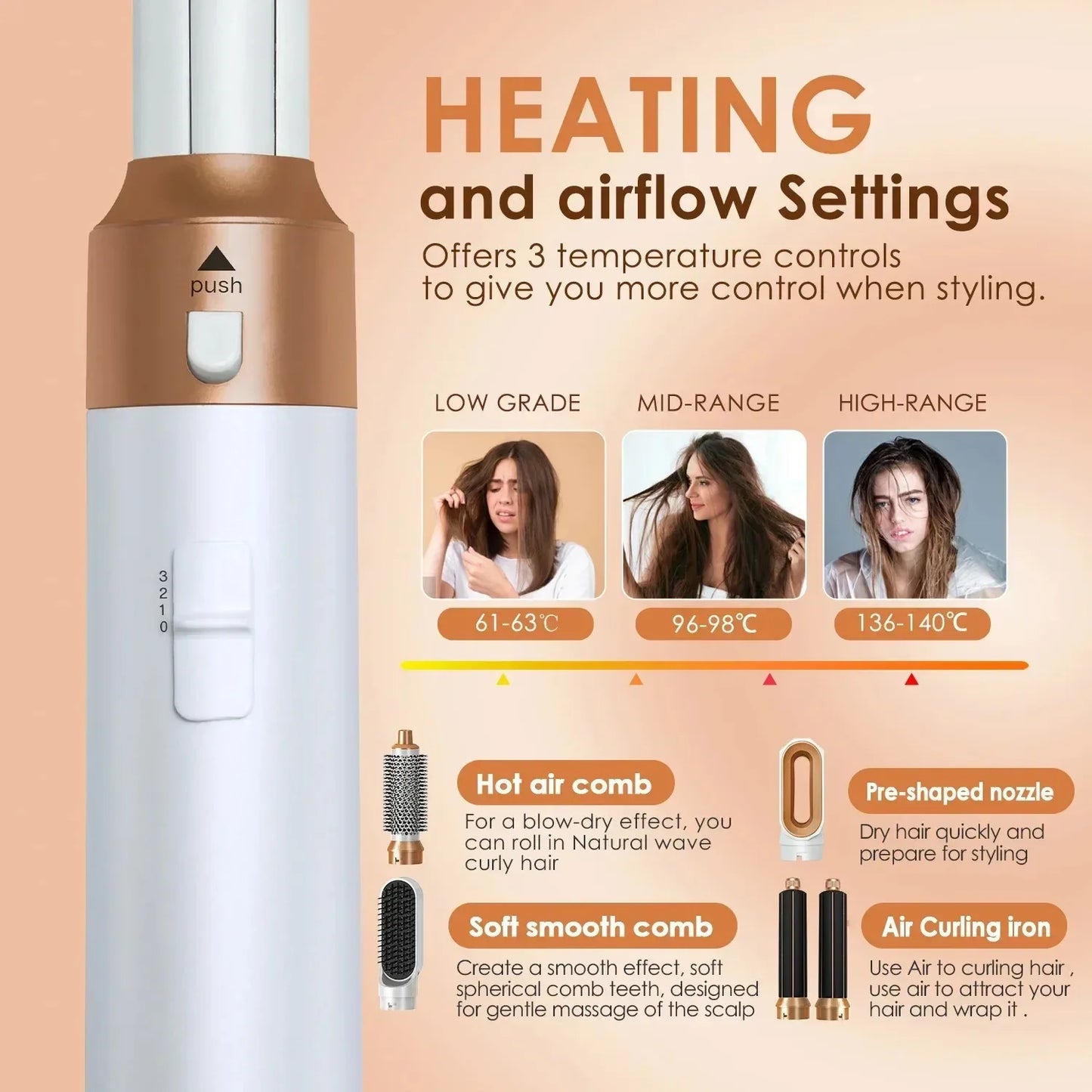 Multi Functional 5-in-1 Electric Hair Brush Airwraps Hair Dryer Brush Hot Air Comb Straight Hair Brush Curling Iron